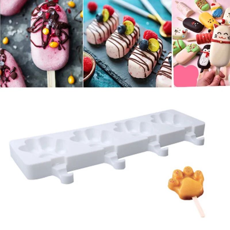

4 Hole Bear-Shaped Paw Silicone Ice Cream Mould Ice Tray with Popsicles Stick DIY Tools For Home Kitchen K9Store