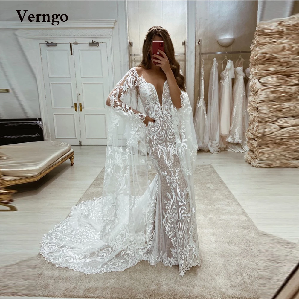 

Verngo Elegant Full Lace Mermaid Wedding Dresses Long Sleeves Cape Sweetheart Sweep Train Bridal Gowns 2022 Vestido de noiva