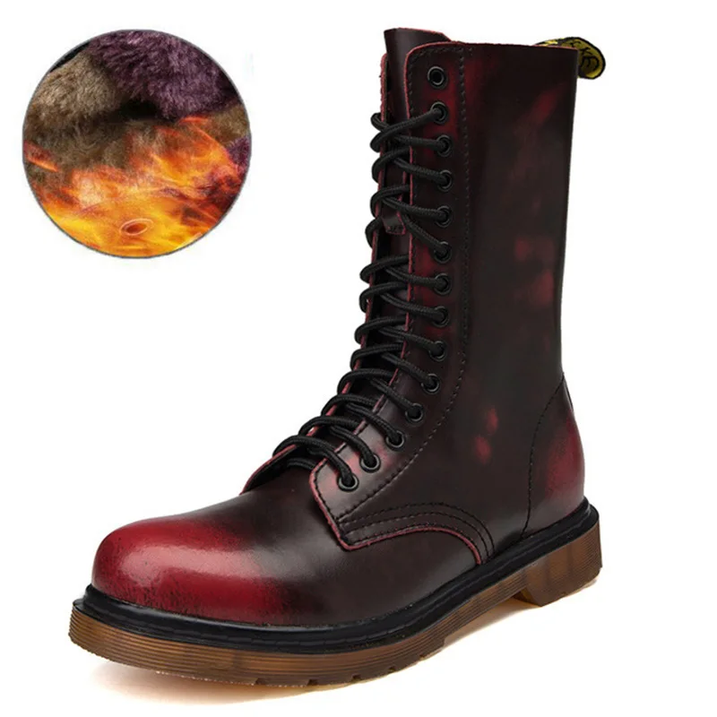 M9868-Wine Red Fur Мужские ботинки из натуральной кожи; Ботинки martin; зимняя обувь; мужские военные ботинки; мотоциклетные ботинки до середины икры; мужские ботинки размера плюс - Цвет: M9868-Wine Red Fur
