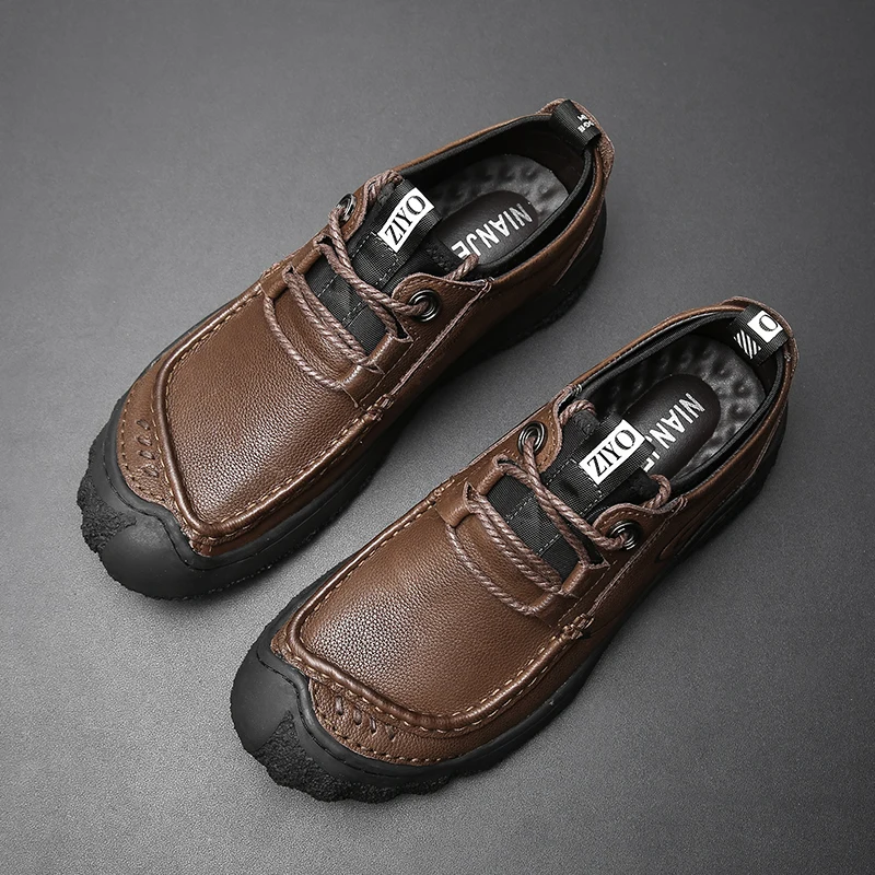 

Retro Men Casual Shoes Comfortable genuine Leather Lace Up Flats Shoes Solid Shallow Low Top Man Sneakers British leather shoes