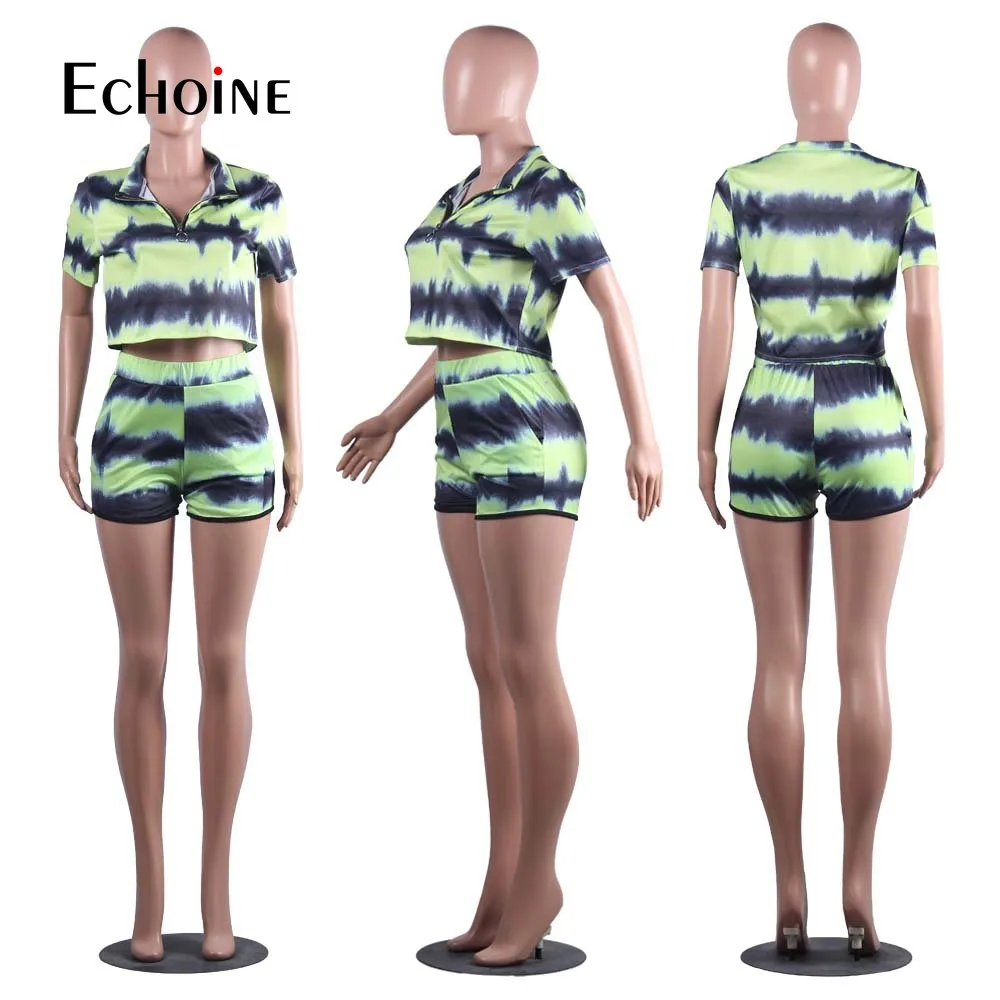 

Echoine Women Tie-Dye Striped Print Set Casual Active Zipper Up Tee Tops Shorts Matching Two Piece set Sporty Tracksuit Outfits