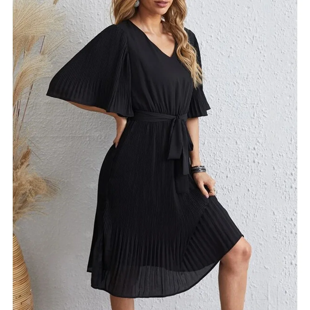 

Шифоновое черное платье с V-образным вырезом, облегающее свободное приталенное платье, женское весенне-осеннее платье, новинка 2021
