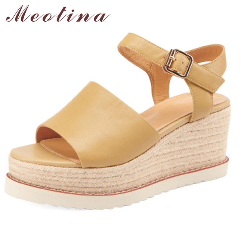 

Meotina Women Shoes Real Leather Sandals Wedges High Heel Sandals Buckle Espadrille Shoes Round Toe Ladies Footwear Summer Brown