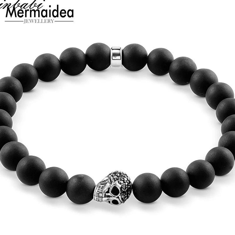Бусины в форме черепа 8 мм матовый черный обсидиановый эластичный браслет