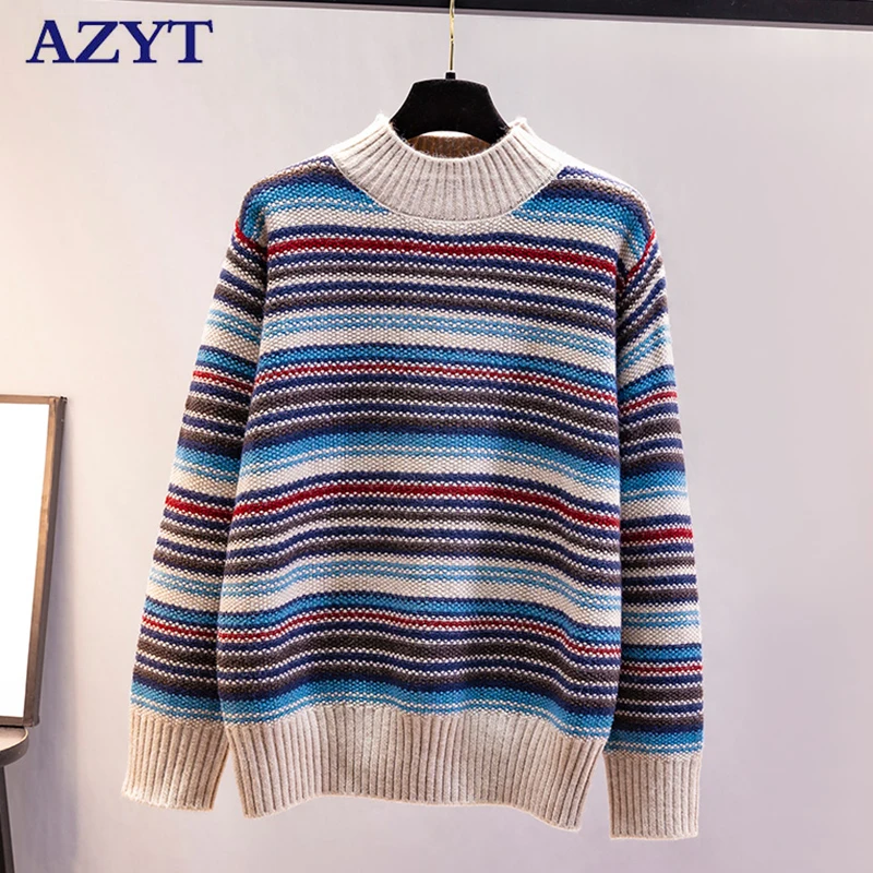 

AZYT 2021 Winter Warm Women Base Sweater Vintage Style Stripe Panelled Women Pullover Sweater Korean Loose Knitwear Jumpers