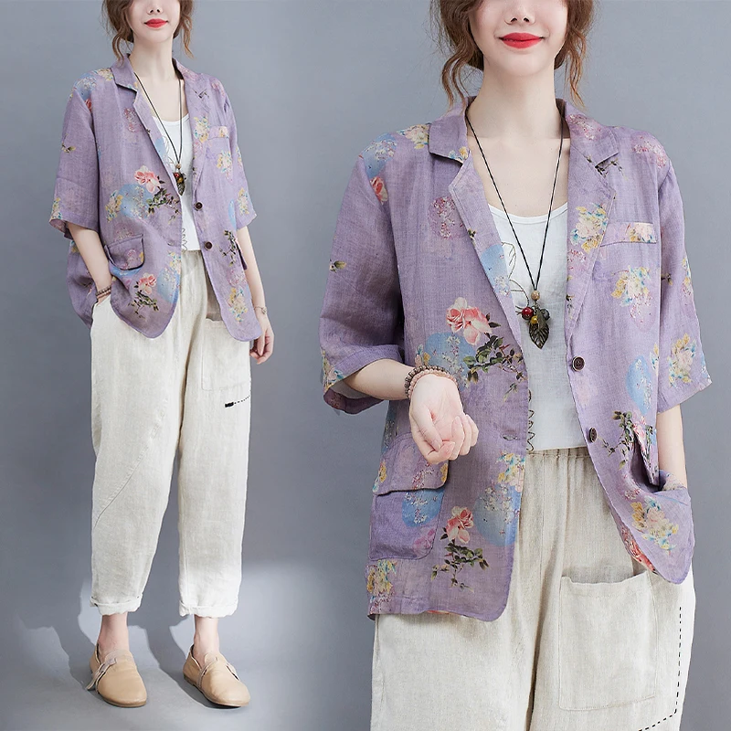 

2021 Autumn Floral Printed Blazers Women Long Sleeve Thin Coats Spring Casual Single Button Tunic Top Female Femmes Outerwear