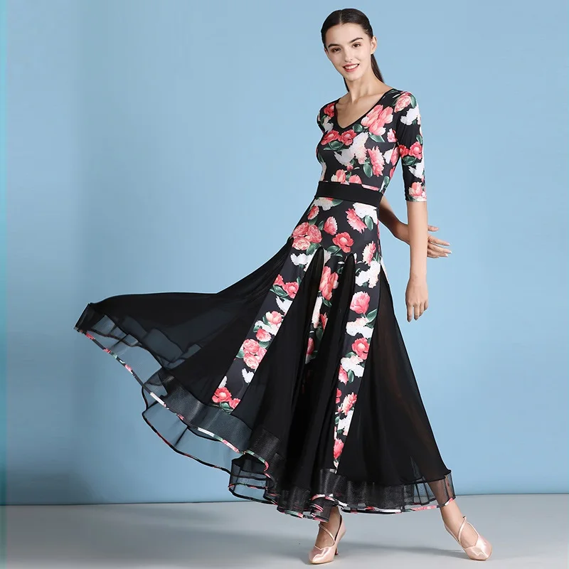 

H2582 Adult Women Ballroom Dance Dress Female Modern National Standard Waltz Dance Practice Performance Spandex Printed Dresses