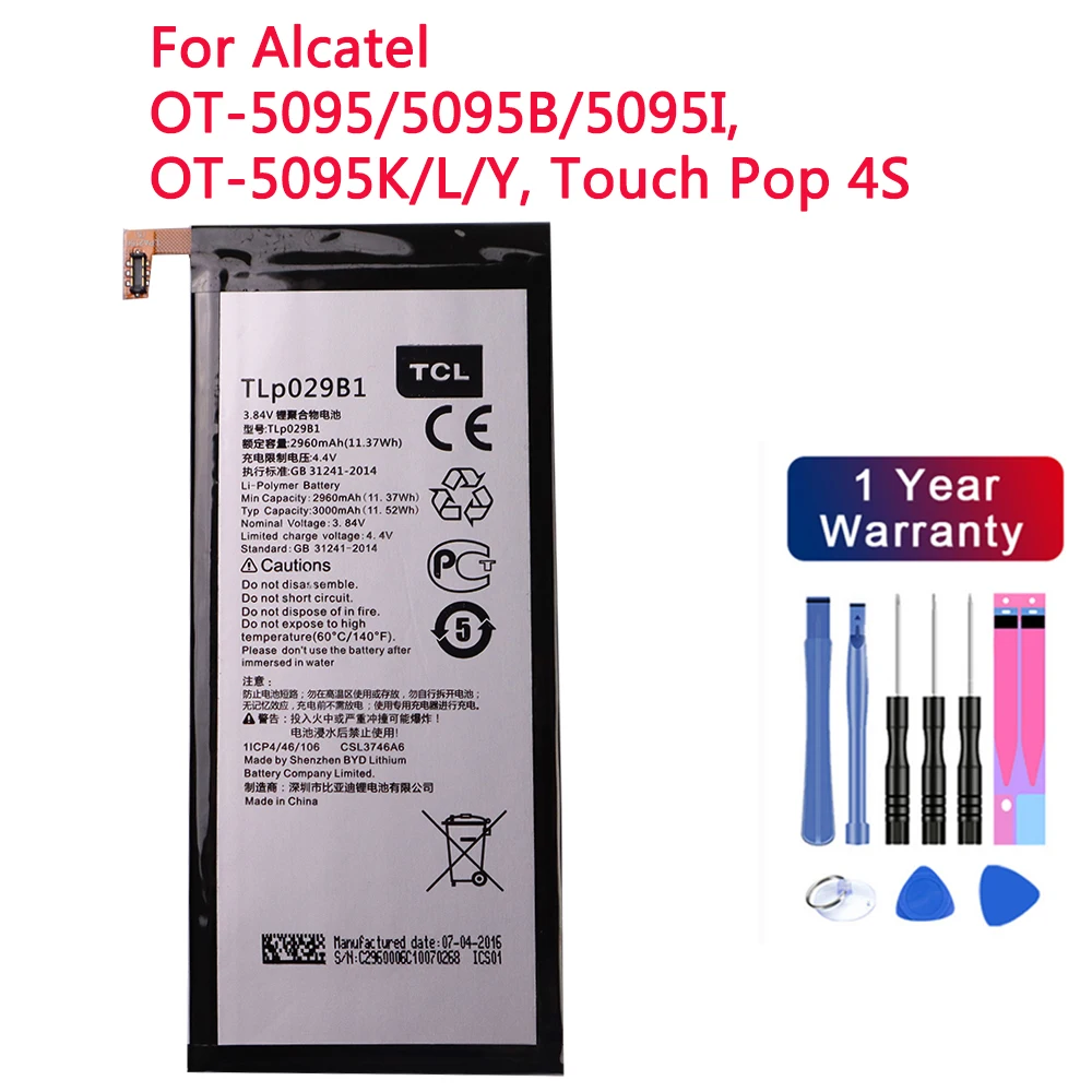 

Аккумулятор TLp029B1, 2960 мА · ч, для Alcatel OT-5095/5095B/5095I, OT-5095K/L/Y, Touch Pop 4S, литий-ионный, встроенный аккумулятор мобильный телефон