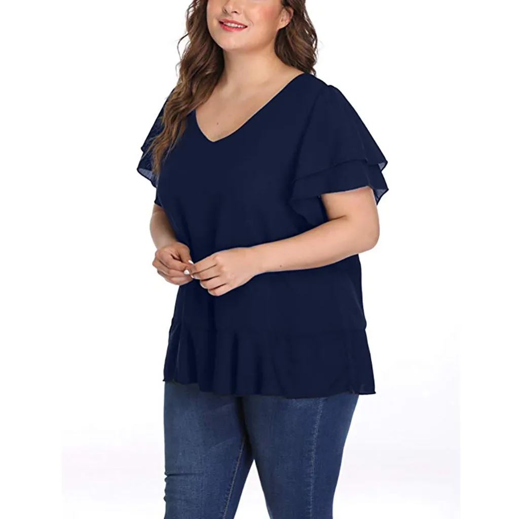 Новинка 2020 блузки для женщин топ сплошного размера плюс с коротким рукавом и v