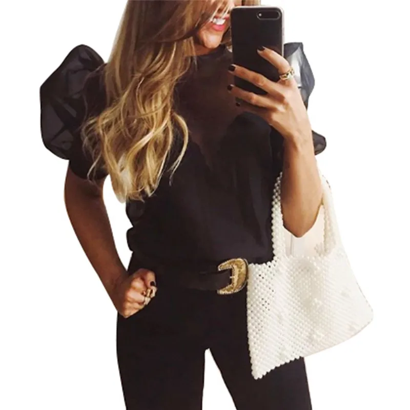 Модная женская однотонная прозрачная блузка с коротким рукавом сексуальная