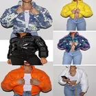 Модная Милая женская Яркая розовая пуховая куртка из искусственной кожи зимние теплые пузырьки блестящие кожаные парки пуховые укороченные куртки на молнии парки