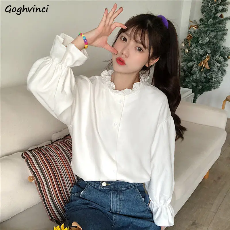 

Shirts Women Ruffled Butterfly Sleeve Ladies Retro Elegant High Quality Solid White Lovely All-match Design Spring Preppy Style