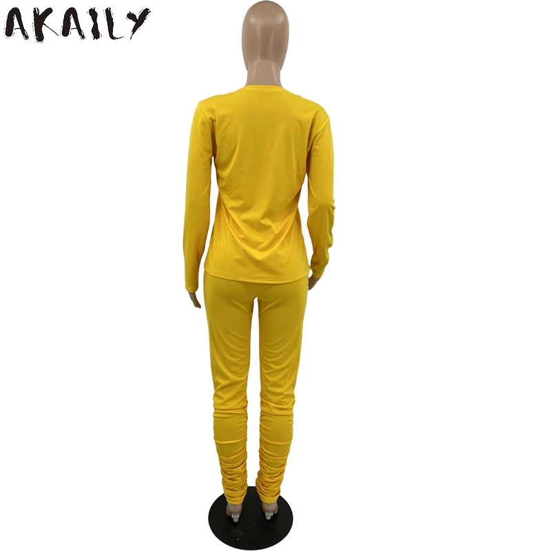 

Akaily Autumn Casual Loose 2 Two Piece Sets Womens Outfits Black O Neck Long Sleeve T Shirts RuchedHigh Waist Long Pants Sets