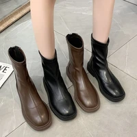 fashion boots for women 2021 fall new medium tube leather stitching ladies boots korean fashion solid women boots shoes woman