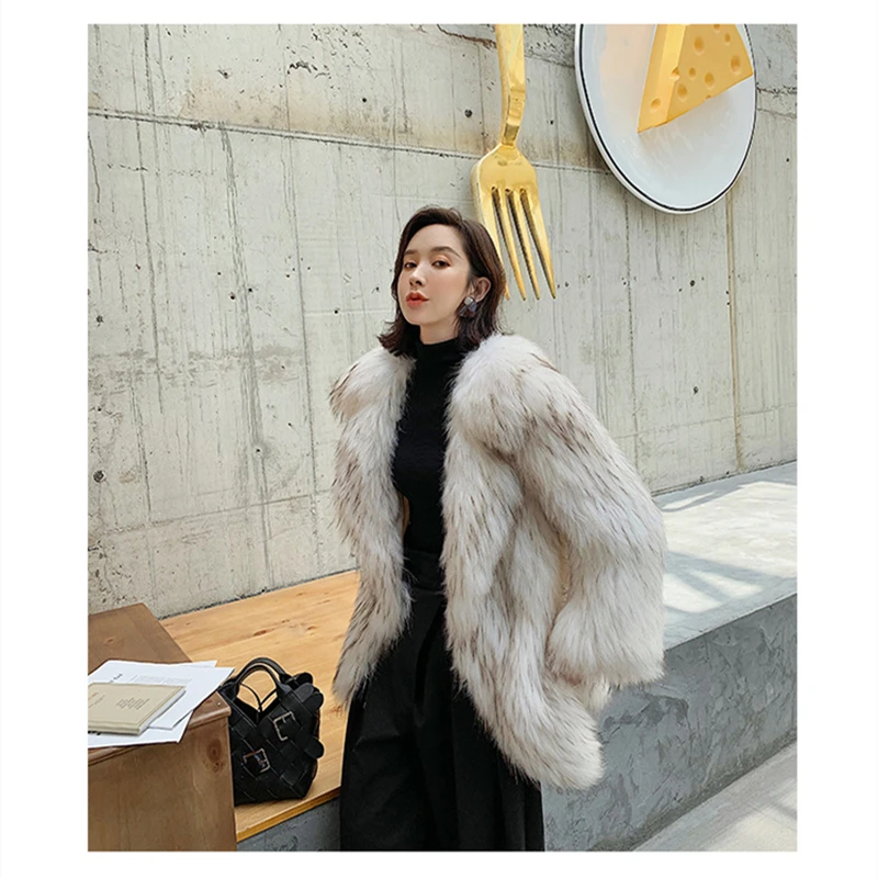 

2020 winter European and American imitation fur coat women's suit collar mid-length loose elegant fox fur lapel coat faux fur