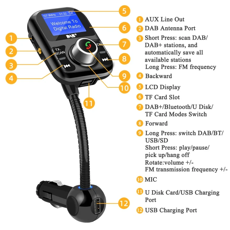 

Car Digital Radio Adapter FM Transmitter Portable DAB Radio Bluetooth MP3 Receiver With LCD Display Car Charger Crystal Sound
