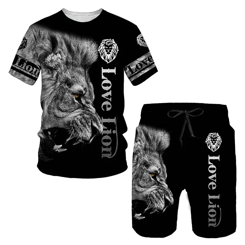 

Latest men fashion sports suit 3D Print Lion Tattoo men's sets Summer breathable two-piece O-neck casual t-shirt shorts clothing