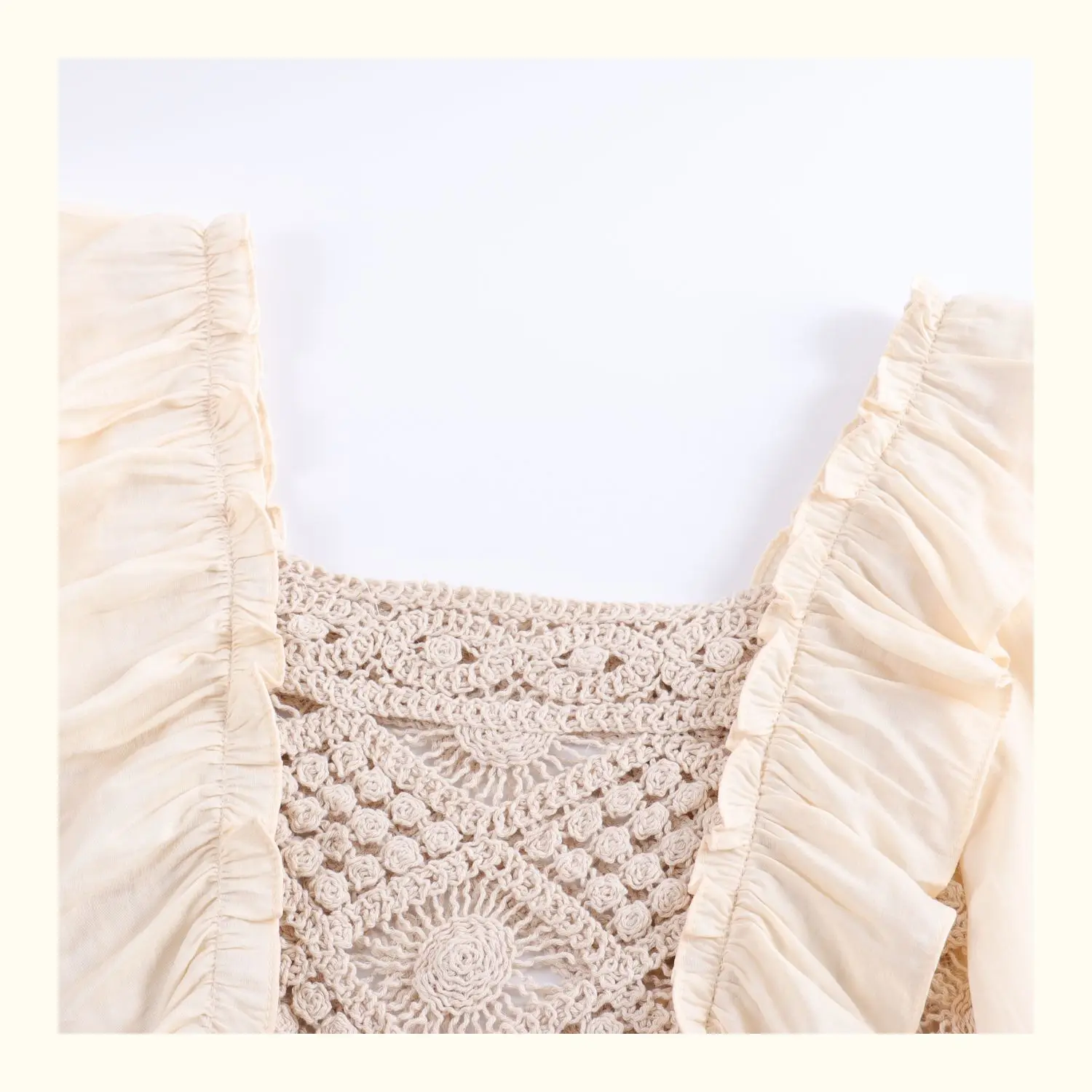 

Ruffles Chic Square Collar Long Sleeve Blouse Women Slim Fit Cotton Patchwork Short Blusas Solid Crochet Design Shirt