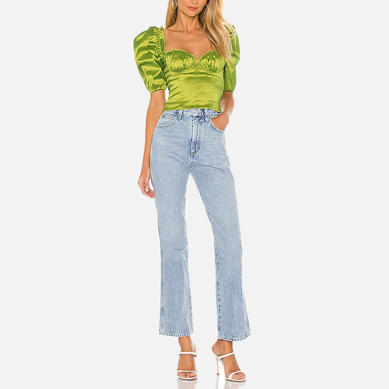 

2021 New Summer Fashion Casual Square Collar Bra Top Slim Short Sleeve Solid Hollow Out Shirt Tide Women Sexy Green Blouse
