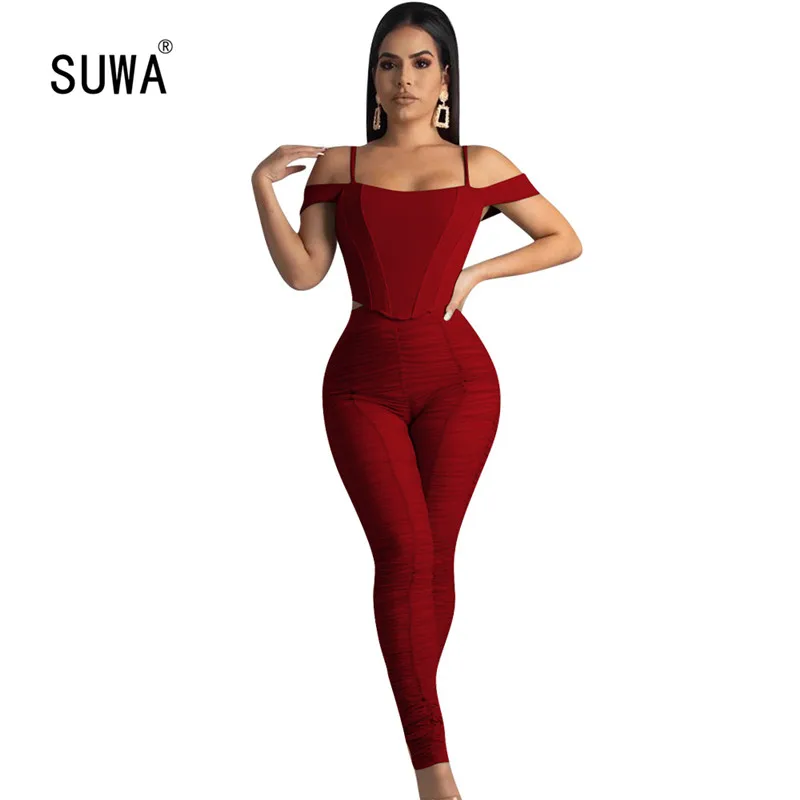 

Pure Color Two Piece Set Wholesale High Street Sexy Women Slash Neck Off The Shoulder Tees Tanks And Sheath Long Pants Tracksuit