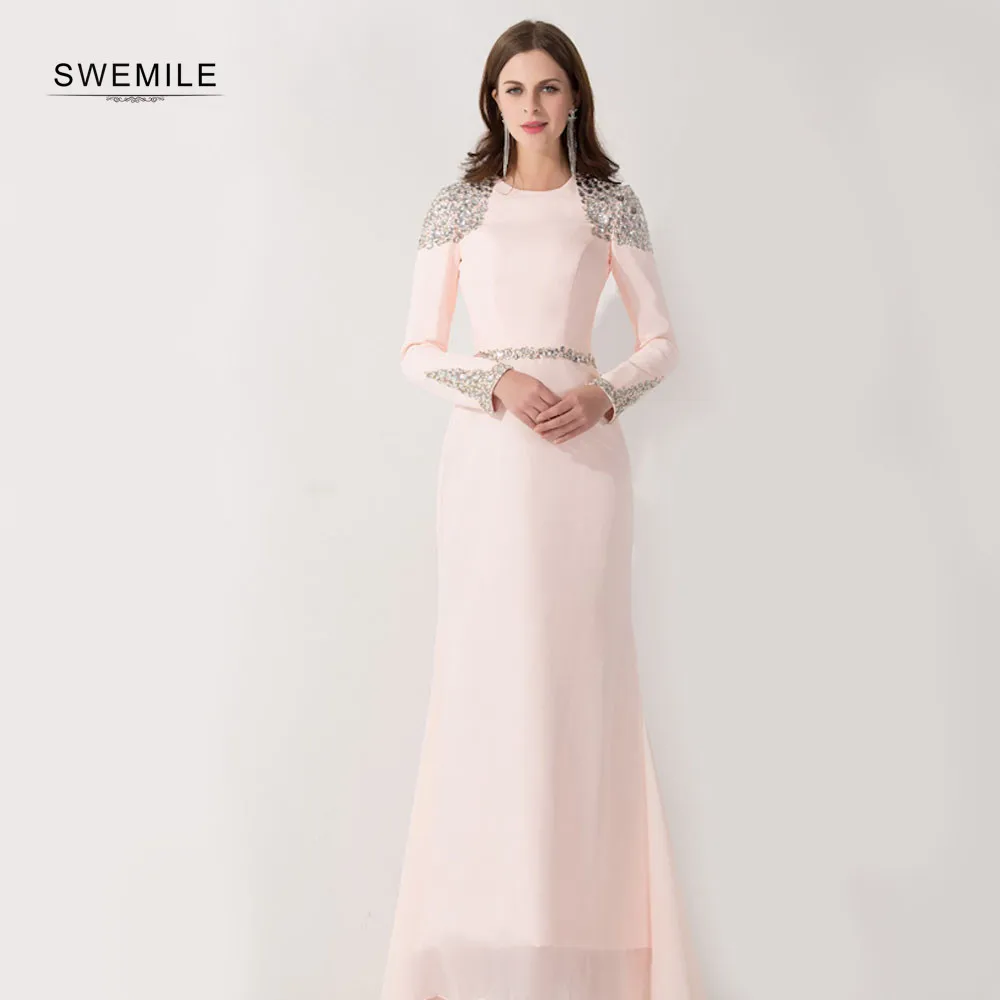 Розовое мусульманское вечернее платье русалки с длинным рукавом украшенное