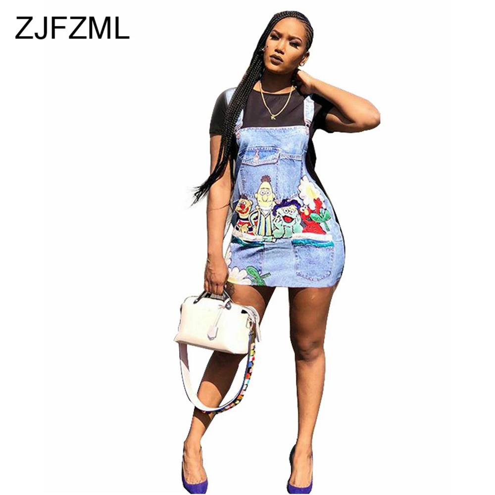 ZJFZML платье из джинсовой ткани с рисунком новинка короткий рукав черное белое