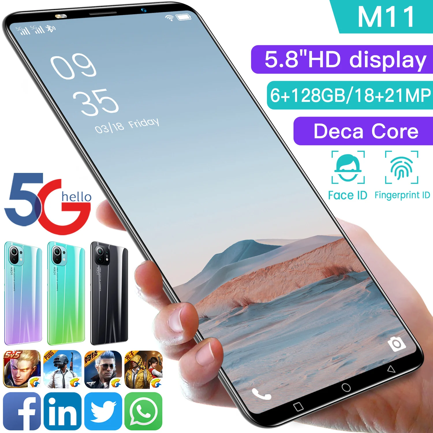 

Hote Sale M11 5G Network 18+21MP 5.8Inch MTK6898 8Core 4500MAH Fingerprint Unlock Double SIM Card 6+128GB Mobile Cell Phone