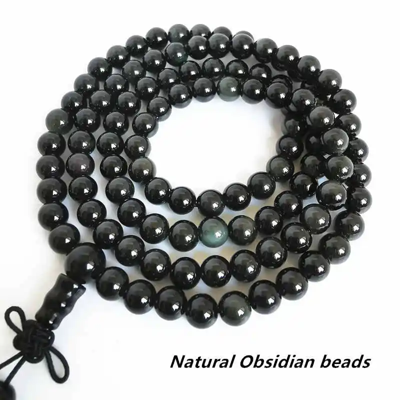 

6mm Natural Obsidian Round Beads Bracelets with Rainbow Eyes 108 Beads Prayer Meditation Mala BRO501