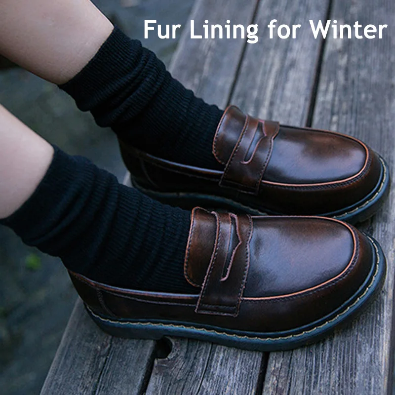 Brown Fur Lining Женские туфли-оксфорды в британском стиле ретро; обувь из натуральной кожи; женская обувь на плоской подошве без застежки; женские туфли на плоской подошве с круглым носком; женские лоферы; оксфорды - Цвет: Brown Fur Lining