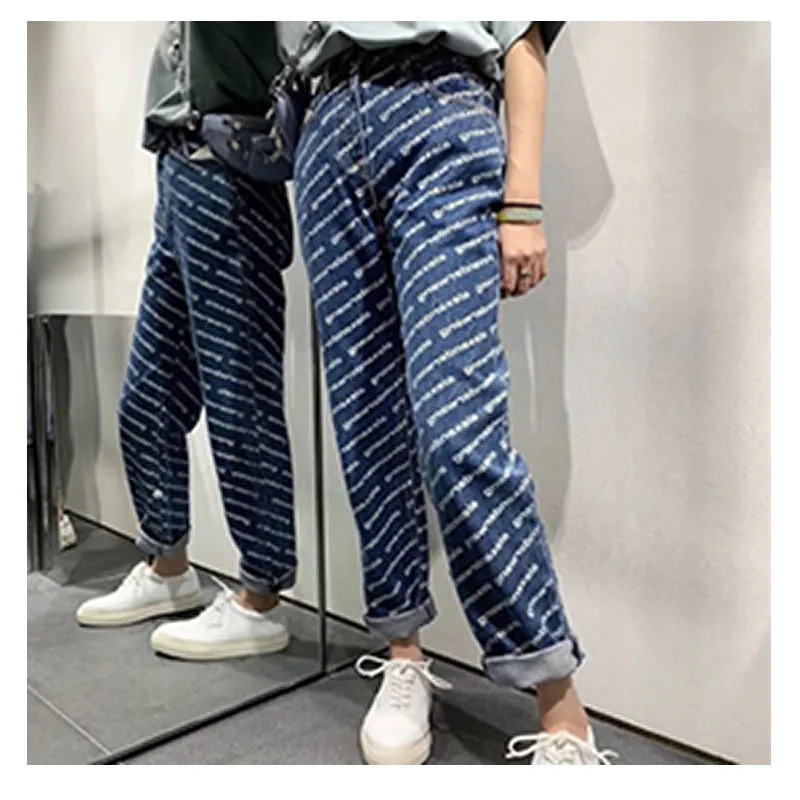 

100534 New PatternTrendy Brand Luxury Design Commute Versatile All Over Logo Nine Points Straight Pants Jeans Girl Loose A2