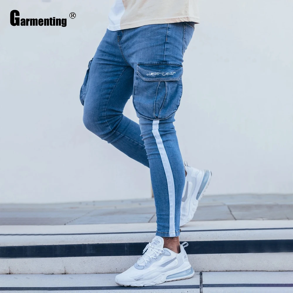Plus Size 3xl Mens Jeans Striped Demin Pants Skinny Jeans Men Fashion 2021 Multi-pocket Pants Streetwear Sexy Male Denim Jeans