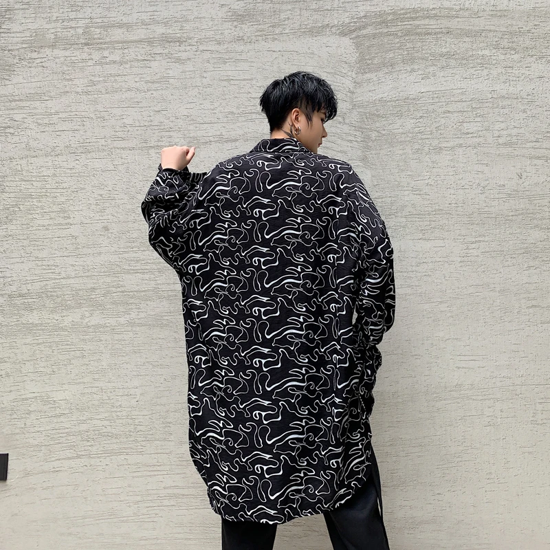 Men Shirt New Long Sleeve Loose Casual Pattern Print Male Streetwear Hip Hop Dress Stage Show Costumes | Мужская одежда