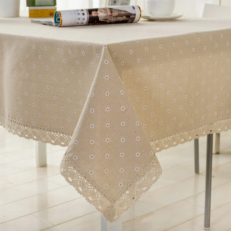 

Hot Flower Pattern Tablecloth Linen Cotton Table Cloth with Lace Dining Table Cover