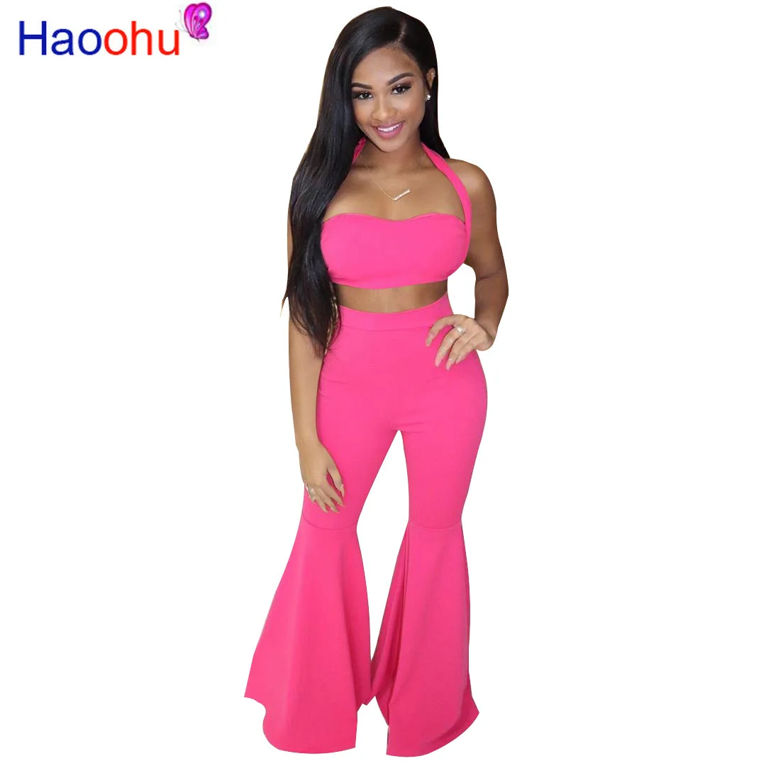 

HAOOHU Sexy Two Piece Set Tracksuit Bandage Backless Crop Top and Wide Leg Pants Sweat Suits Set 2 Piece Outfits Matching Sets