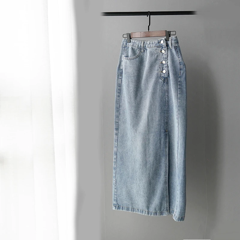 Женская джинсовая юбка KALENMOS синяя однобортная длинная повседневная с высокой