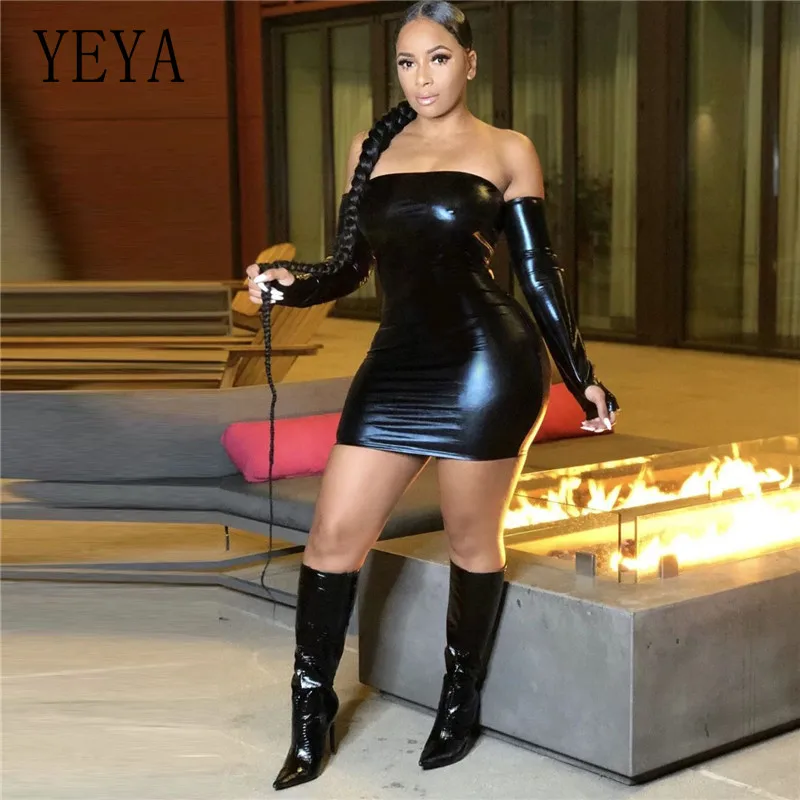 

Вечернее платье YYEA из искусственной кожи, женские Соблазнительные облегающие черные обтягивающие мини-платья с открытой спиной, клубная од...