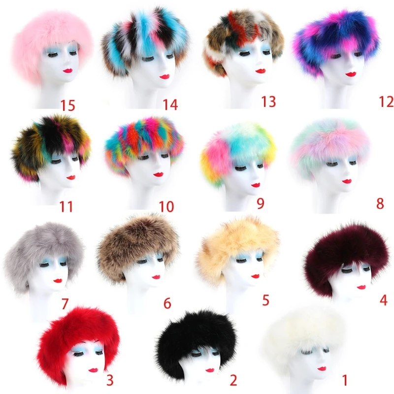 

Women Winter Furry Plush Wide Headband with Elastic Rainbow Multicolored Ear Warmer Earmuffs Holiday Party Head Wrap