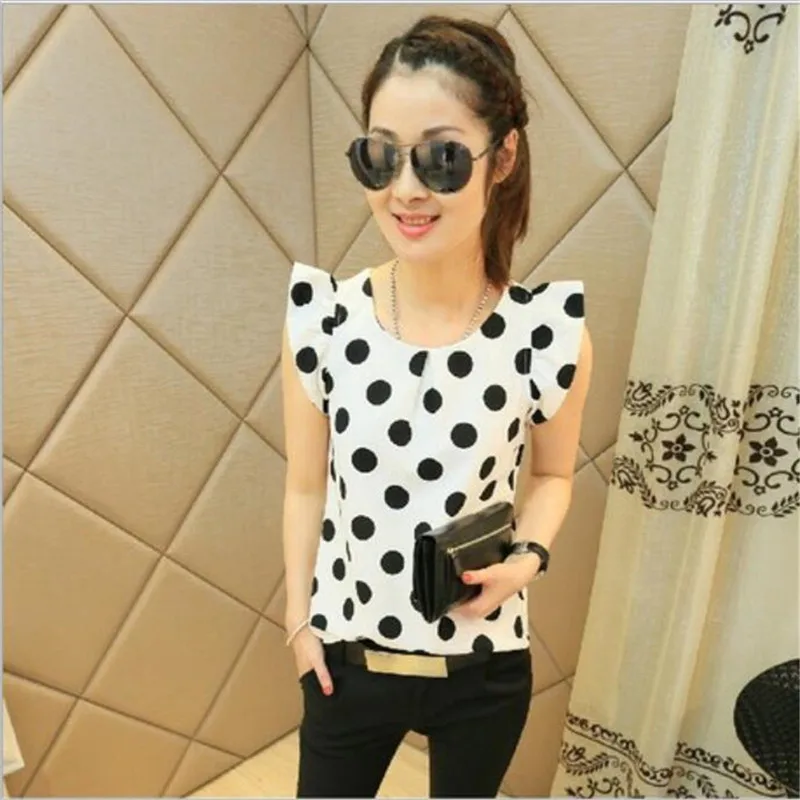 Fashion Girl Dots Blouse Women Casual Chiffon Shirt Sleeveless Ruffle Sleeve Shirt Summer Tops Black White