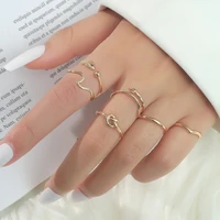 6 piece set of personalized geometric open ring for female retro gold color metal arrow feather knot shape adjustable ring set
