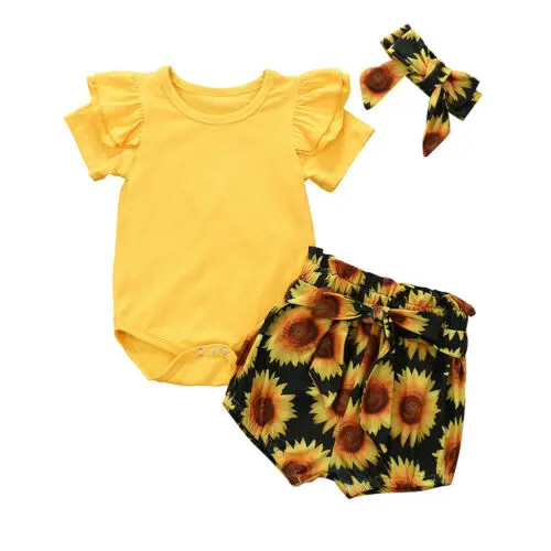 

3Pcs Newborn Baby Girl Clothes Romper Bodysuit Shorts Sunflower Summer Outfit Set 0-24 months