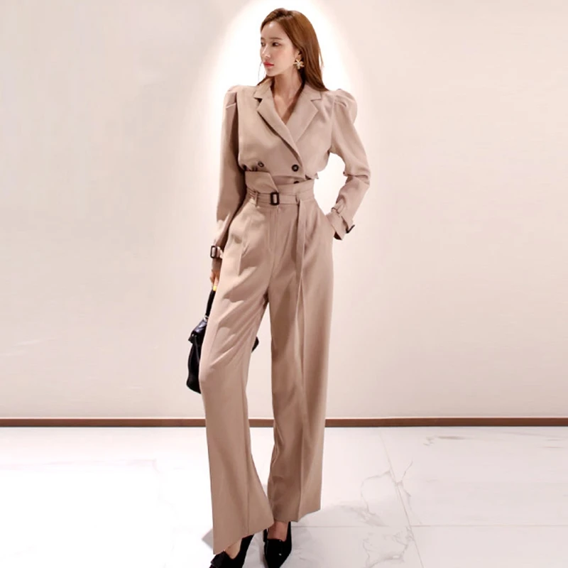 

Elegant Business 2 Pieces Set 2021 Retro Khaki Autumn New Women Lapel Double-breasted Tops and Long Pants Set OL Work Wear