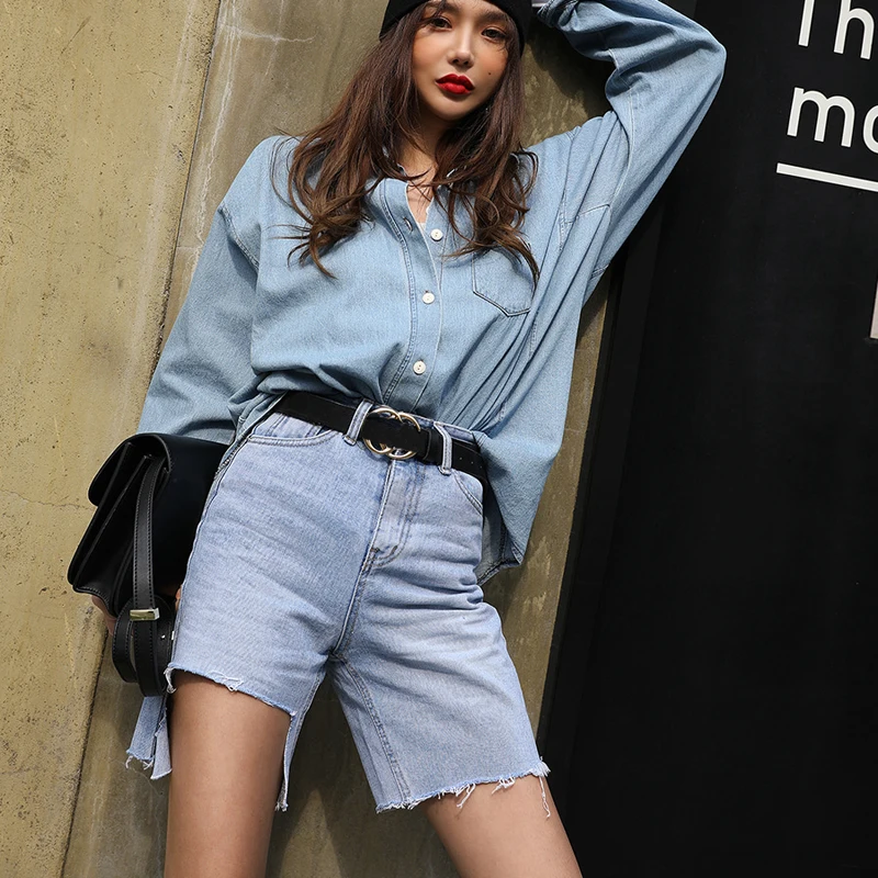 Mozuleva Fashion High Waist Blue Destroy Ripped Denim Shorts Female Summer Street Casual Pockets Tassels Women Jean | Женская одежда