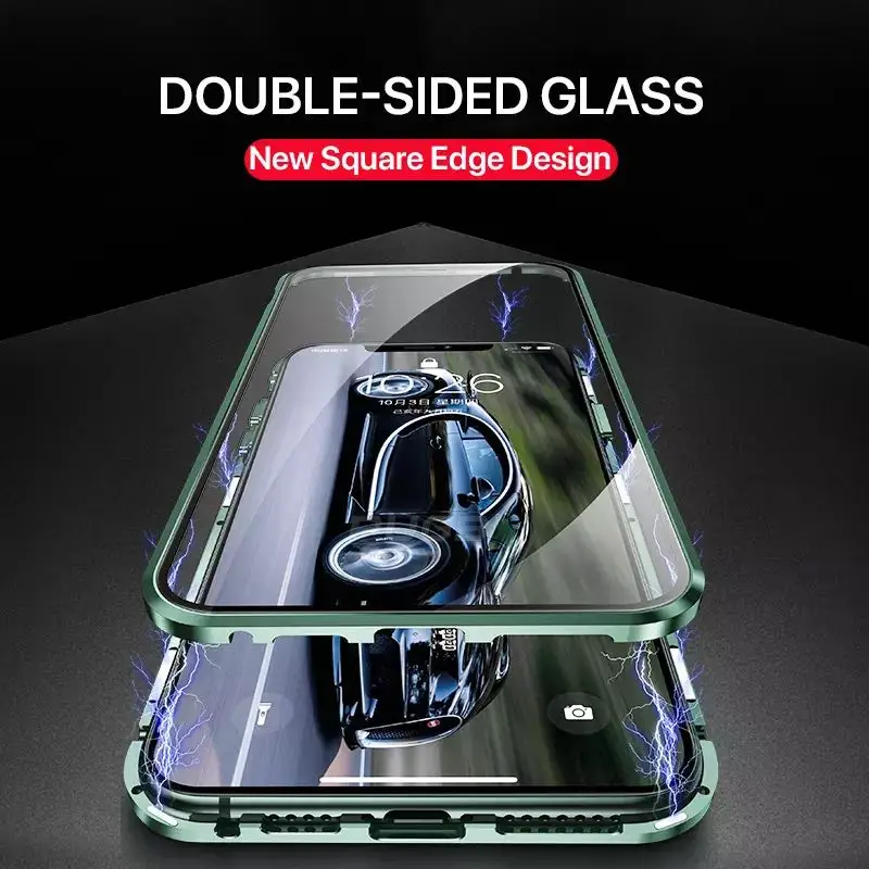 

Алюминиевый металлический двухсторонний стеклянный защитный чехол для iPhone 12 Pro Max 11 XS X XR, роскошный Магнитный 360 полноразмерный защитный чех...