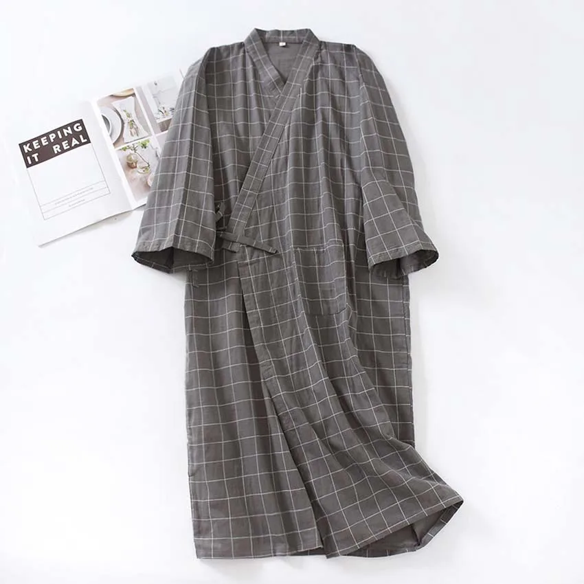 

Kimono Men Woven Cotton Double Layer Gauze Robe Nine Sleeve One Sweat Bath Robe Spring Autumn Thin Japanese Cardigan Bath Robe