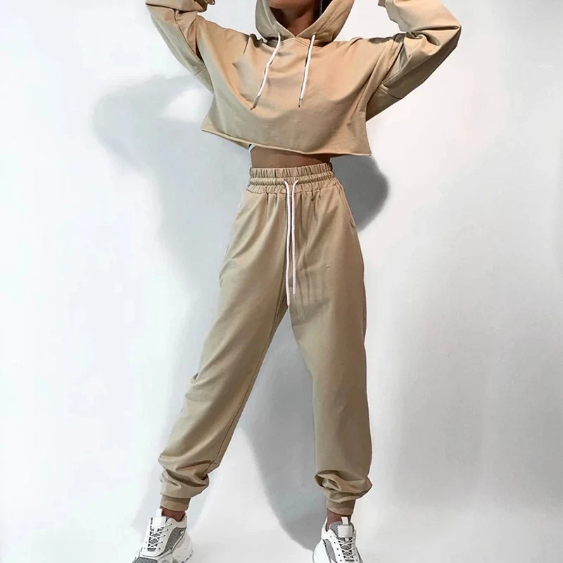 

Autumn Hooded Drawstring Tracksuits Women's Sets Long Sleeve Crop Tops Female Suits Streetwear Casual Sports Ladies Pants Suits