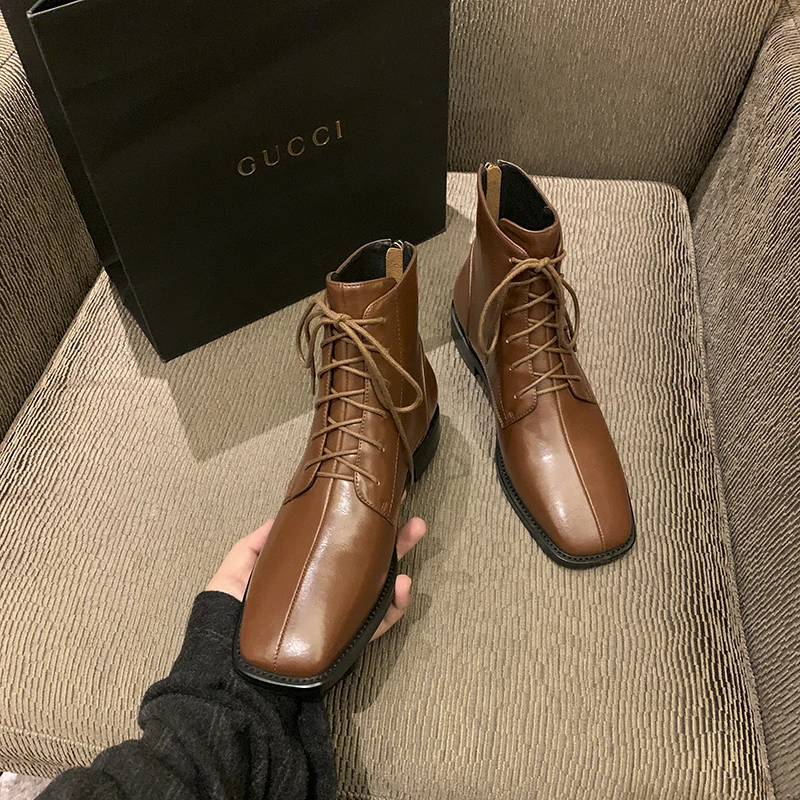 INS/Лидер продаж женские ботильоны из натуральной кожи воловьей с квадратным