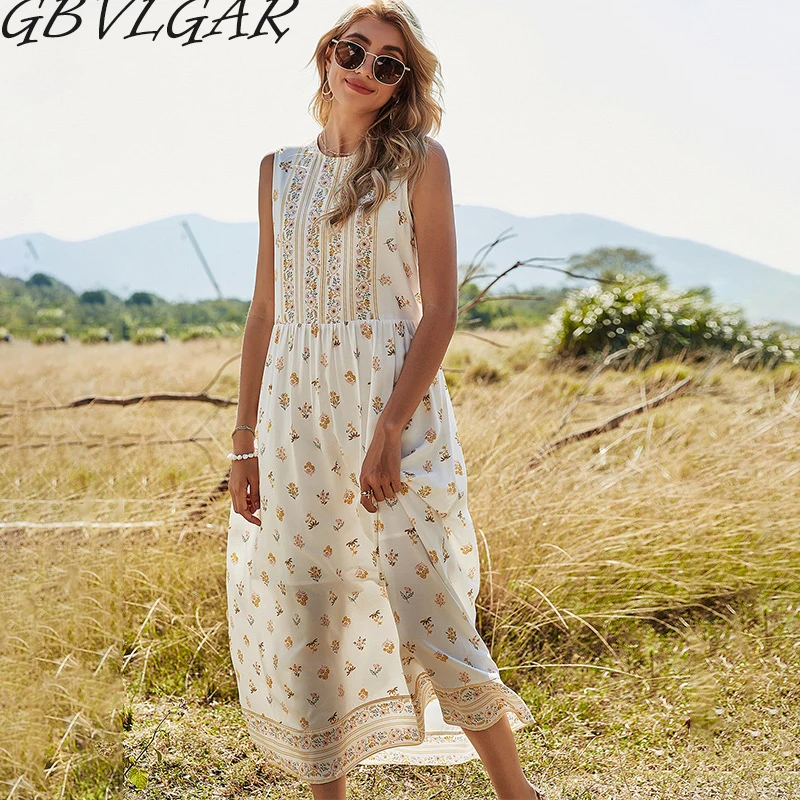

GBVLGAR Women Sleeveless Loose Bohemian Tank Beach Dress Female Casual Floral Print Boho Long Maxi Dress Vestidos ZA Lady 2021