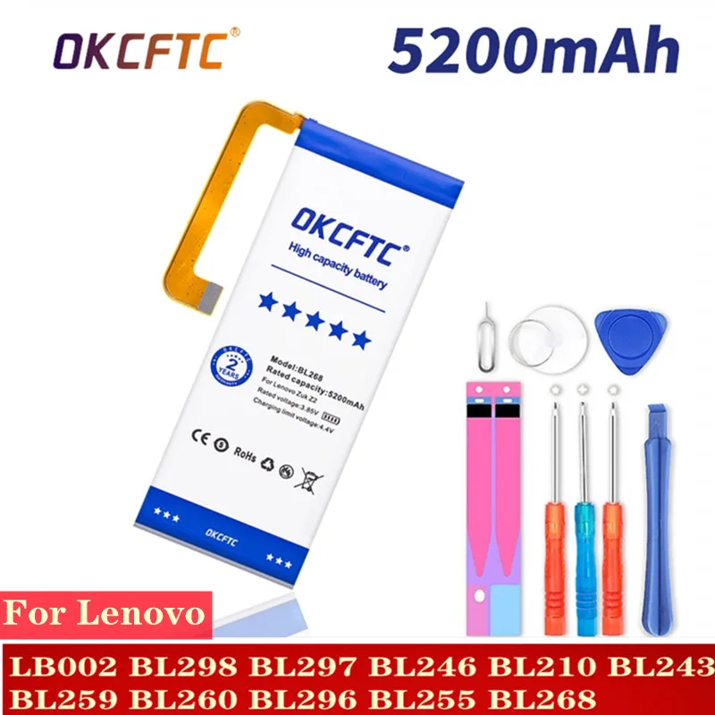 

Phone Battery For Lenovo LB002 BL298 BL297 BL246 BL210 BL243 BL259 BL260 BL296 BL255 BL268 Battera S5 K5 Pro K3 Z6 Z90 ZUK Z1 2