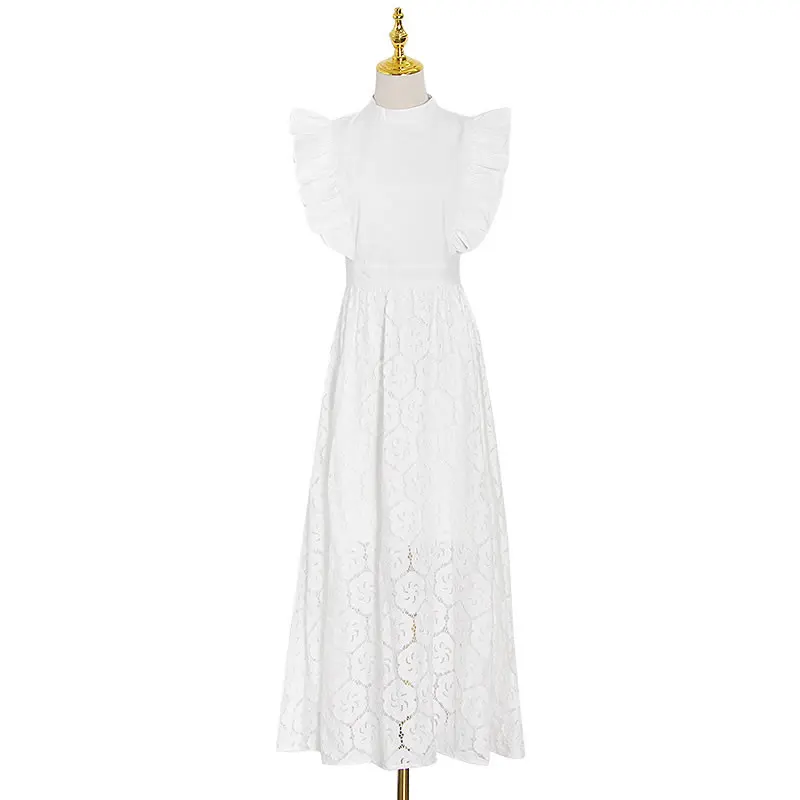 

XITAO Patchwork Mesh Ruffles Pleated Dress White Black Women Clothes 2021 Summer New Fashion Casual Stand Collar Dress ZY6068
