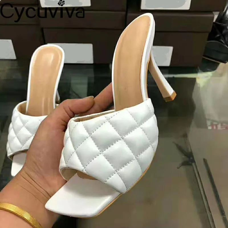 Chic Rhombus Genuine Leather Slippers Classic Square Toe High Heels Summer Sandals Femme Sexy Runway Party Shoes Woman | Обувь